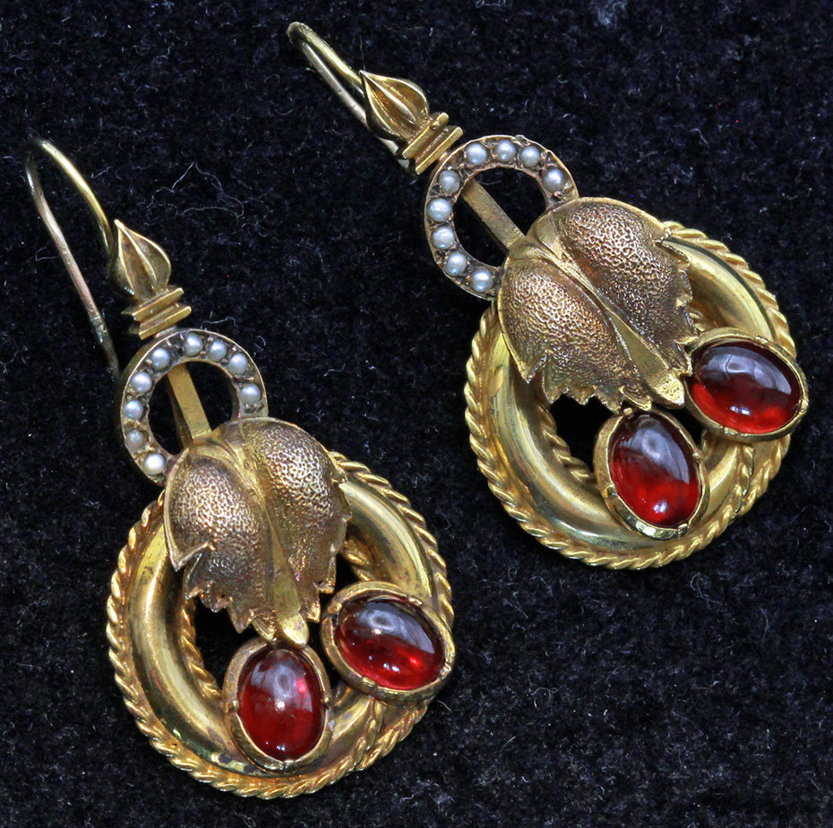 Antique Victorian earrings Gold cabochon garnets pearls Day Night versatile(7413)