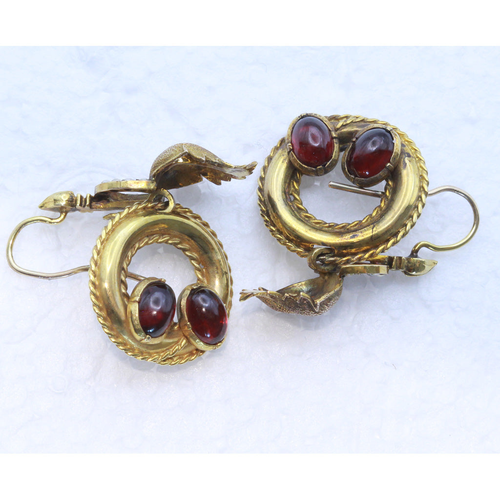 Antique Victorian earrings Gold cabochon garnets pearls Day Night versatile(7413)