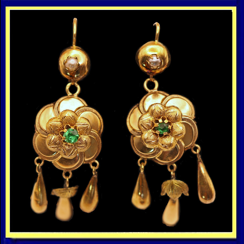 Antique Victorian earrings dangles gold pearls paste French flowers