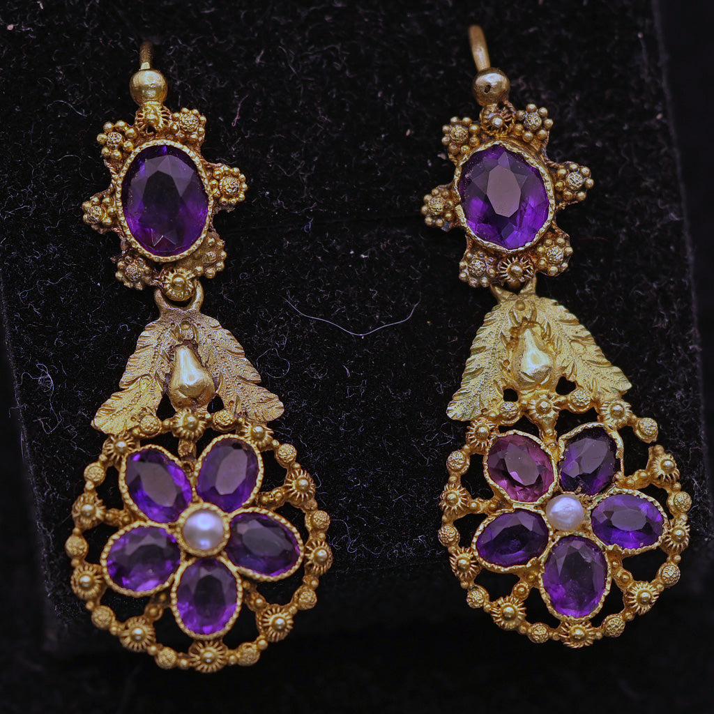Antique Georgian Day Night earrings 18k gold cannetille amethysts French (7586)