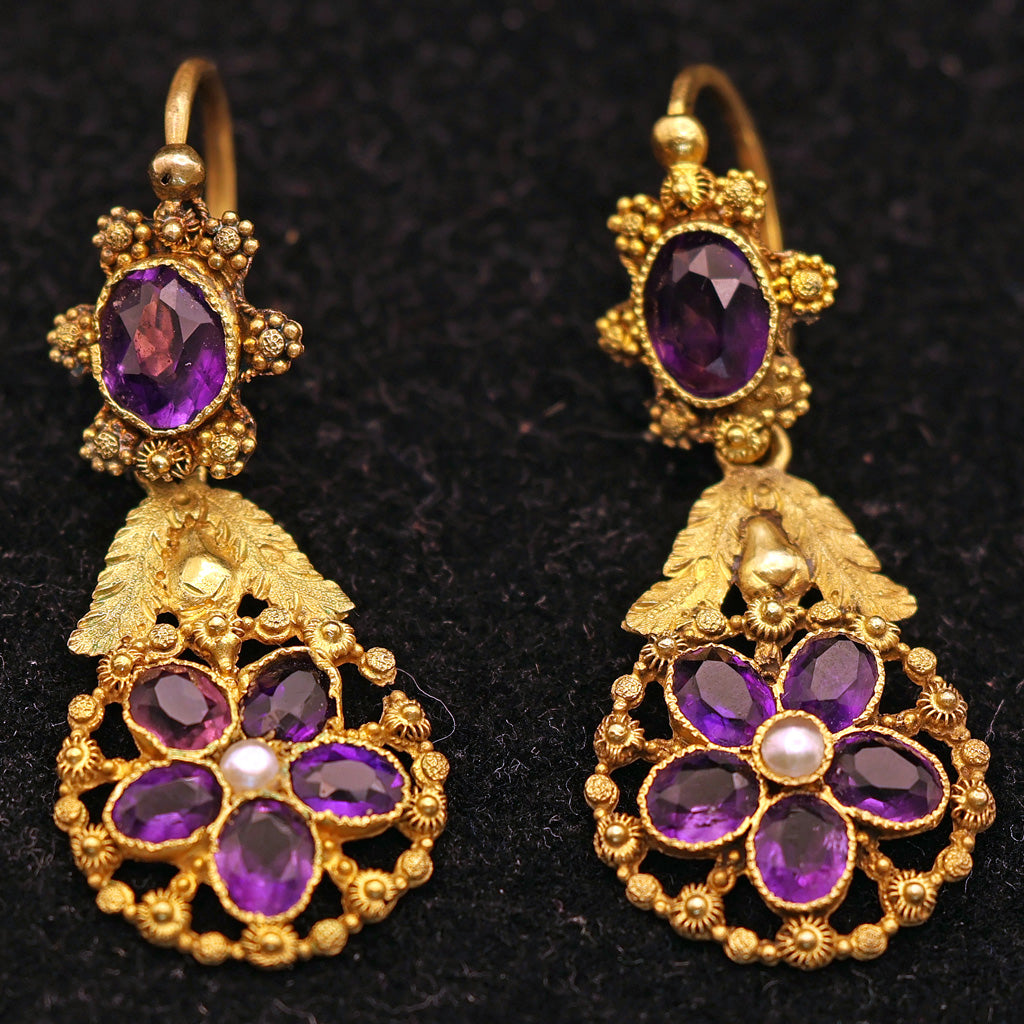 Antique Georgian Day Night earrings 18k gold cannetille amethysts French (7586)