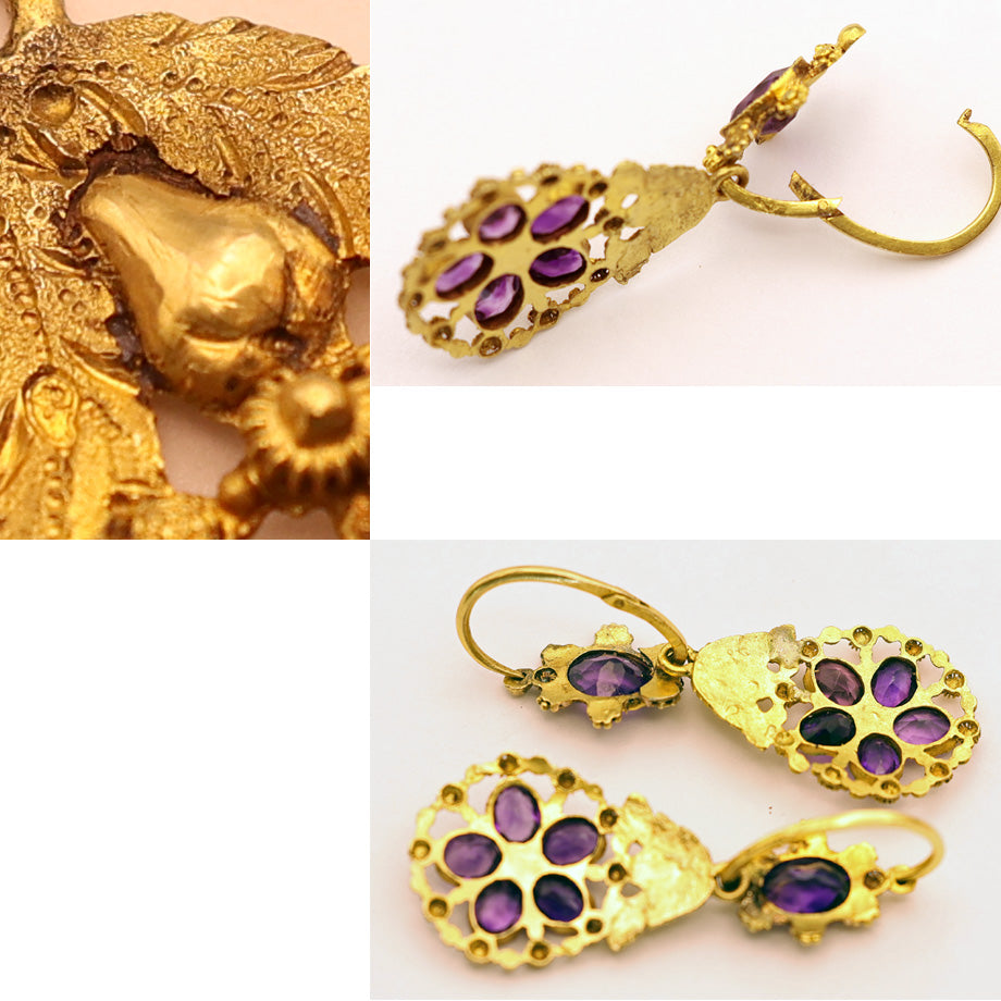 Antique Georgian Day Night earrings 18k gold cannetille amethysts French (7586)