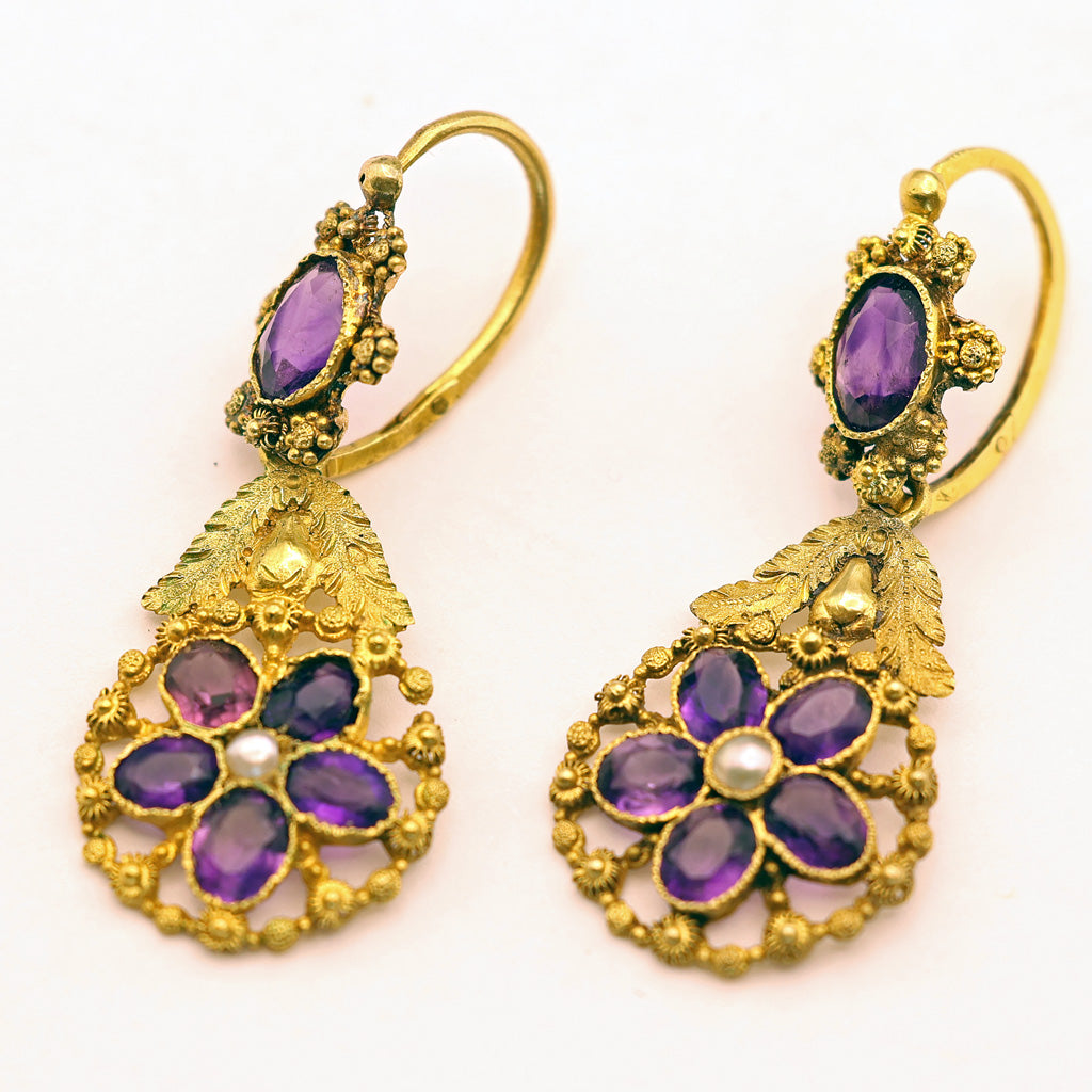 Antique Georgian Day Night earrings 18k gold cannetille amethysts French white background