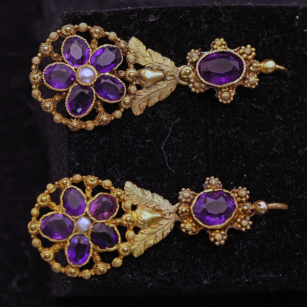 Antique Georgian Day Night earrings 18k gold cannetille amethysts French (7586)