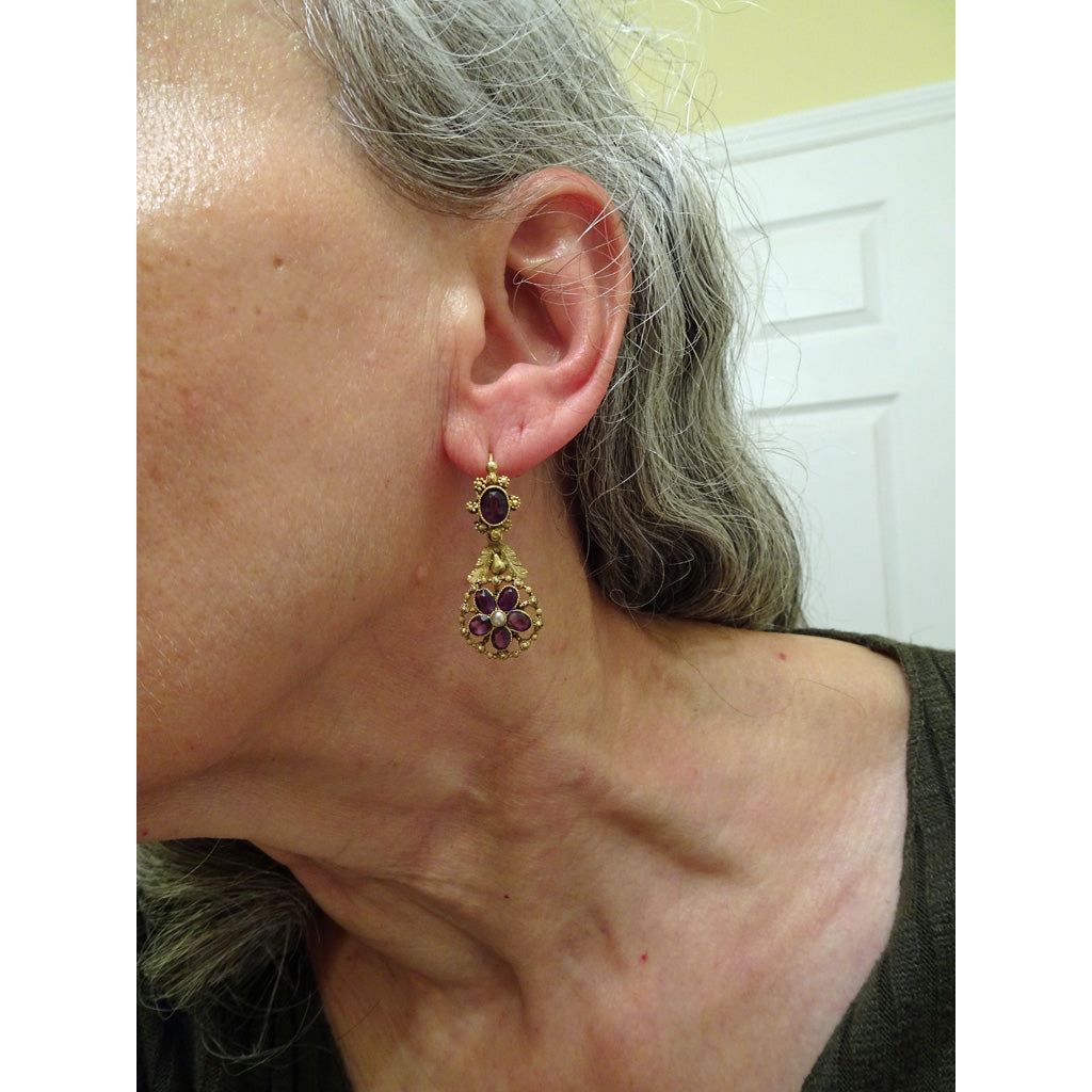 Antique Georgian Day Night earrings 18k gold cannetille amethysts French (7586)