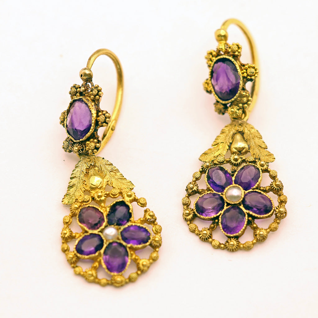 Antique Georgian Day Night earrings 18k gold cannetille amethysts French (7586)