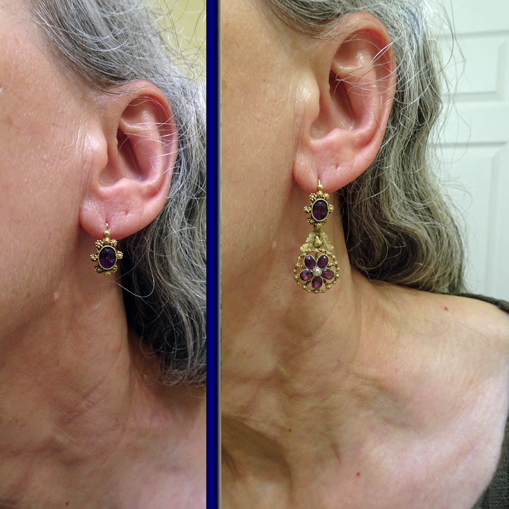 Antique Georgian Day Night earrings 18k gold cannetille amethysts French (7586)
