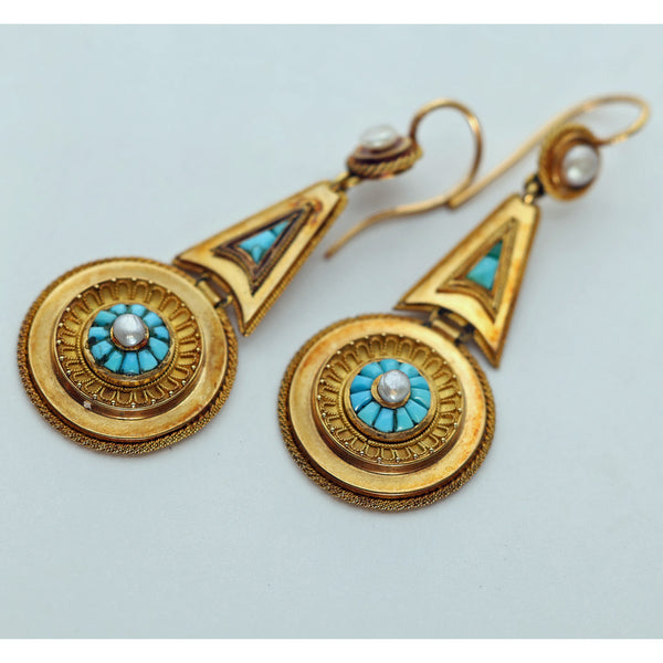 Antique Victorian earrings gold turquoise pearl Etruscan  display picture 2