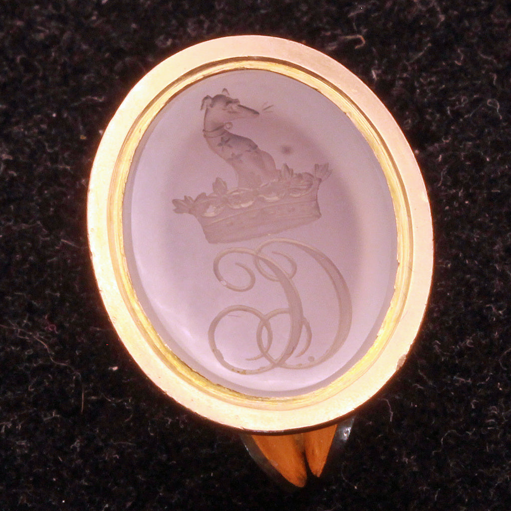 Antique Georgian gold fob pendant seal intaglio cameo Aristocrat Crown Dog (7362)