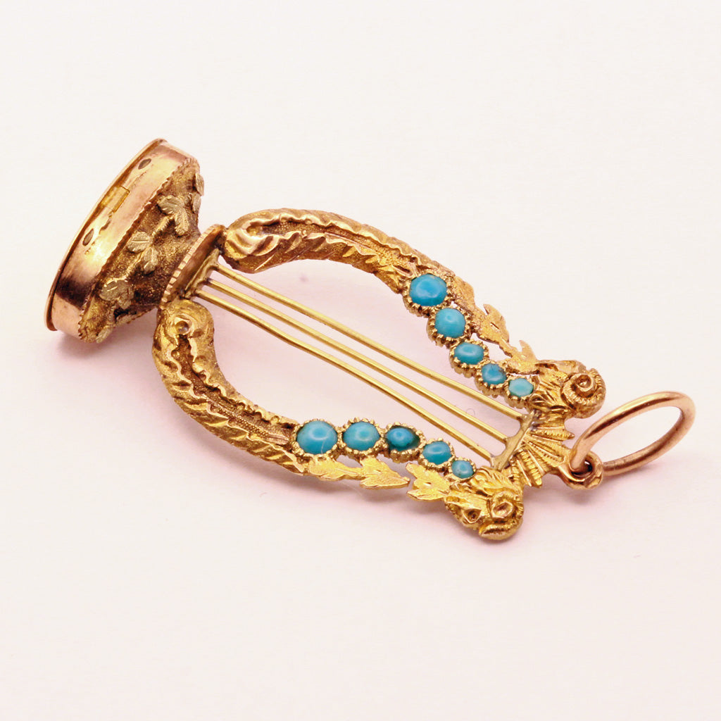 Antique Georgian Fob Pendant w compartment Gold Turquoise Lyre French Rams(7364)