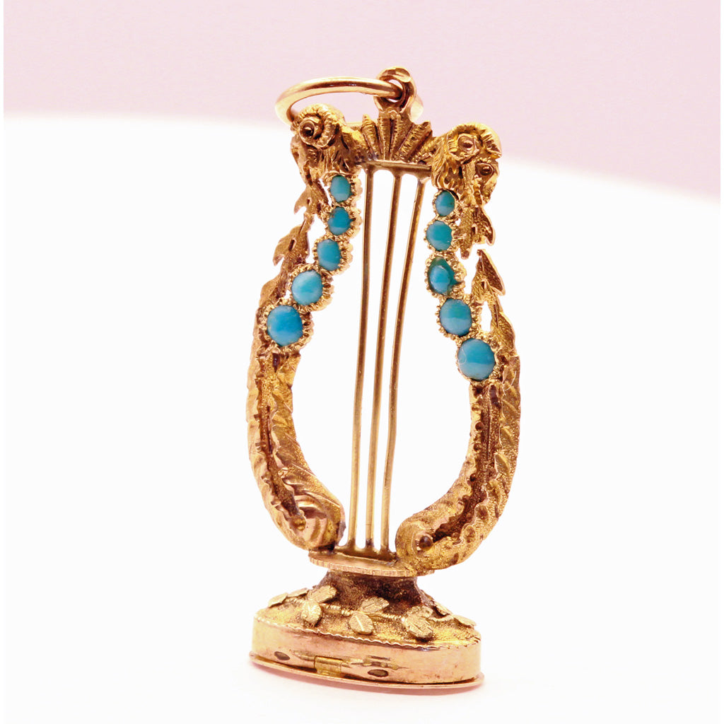 Antique Georgian Fob Pendant w compartment Gold Turquoise Lyre French Rams(7364)