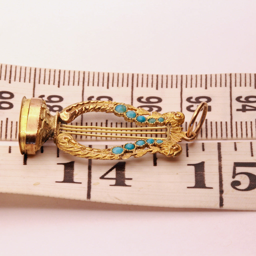 Antique Georgian Fob Pendant w compartment Gold Turquoise Lyre French Rams(7364)