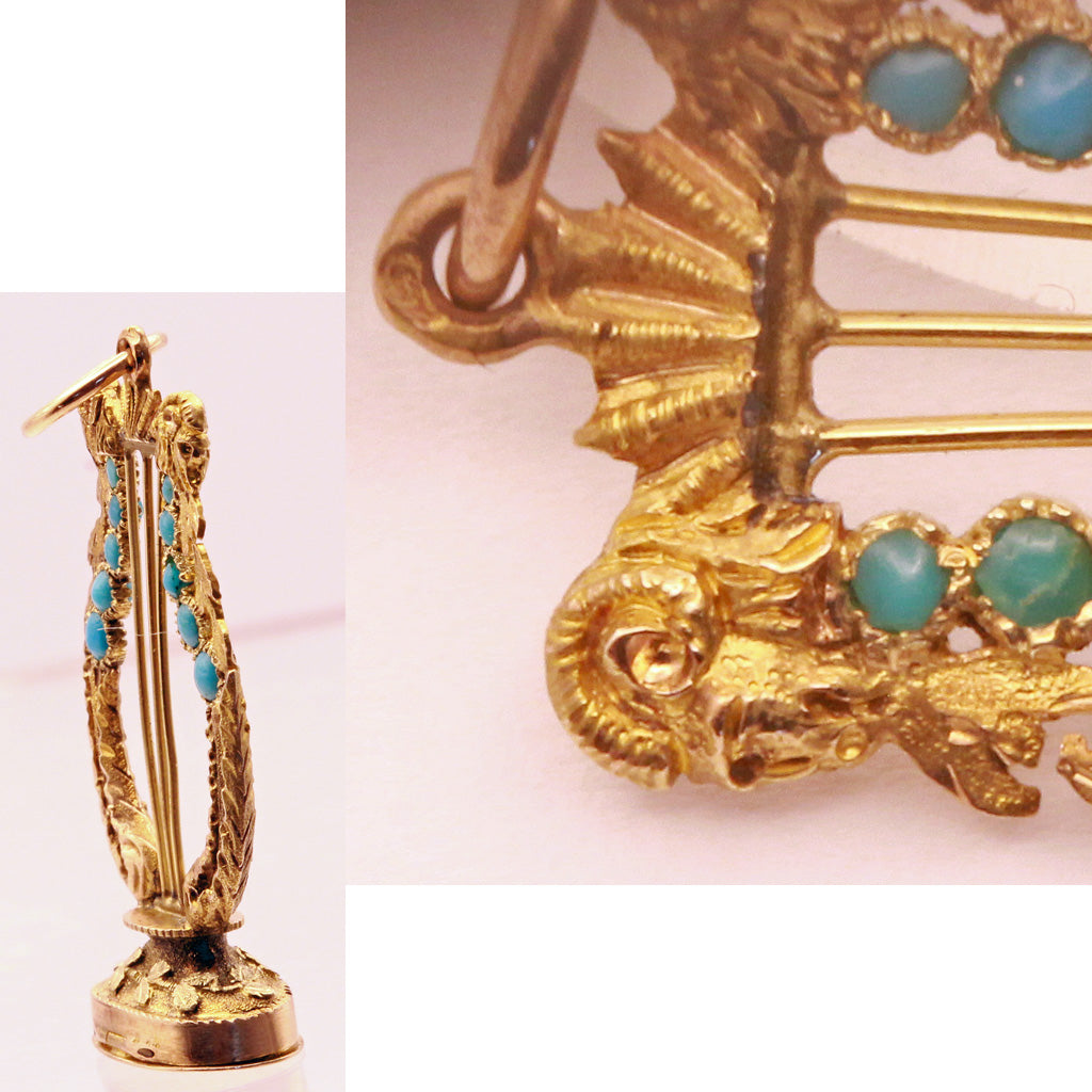 Antique Georgian Fob Pendant w compartment Gold Turquoise Lyre French Rams(7364)