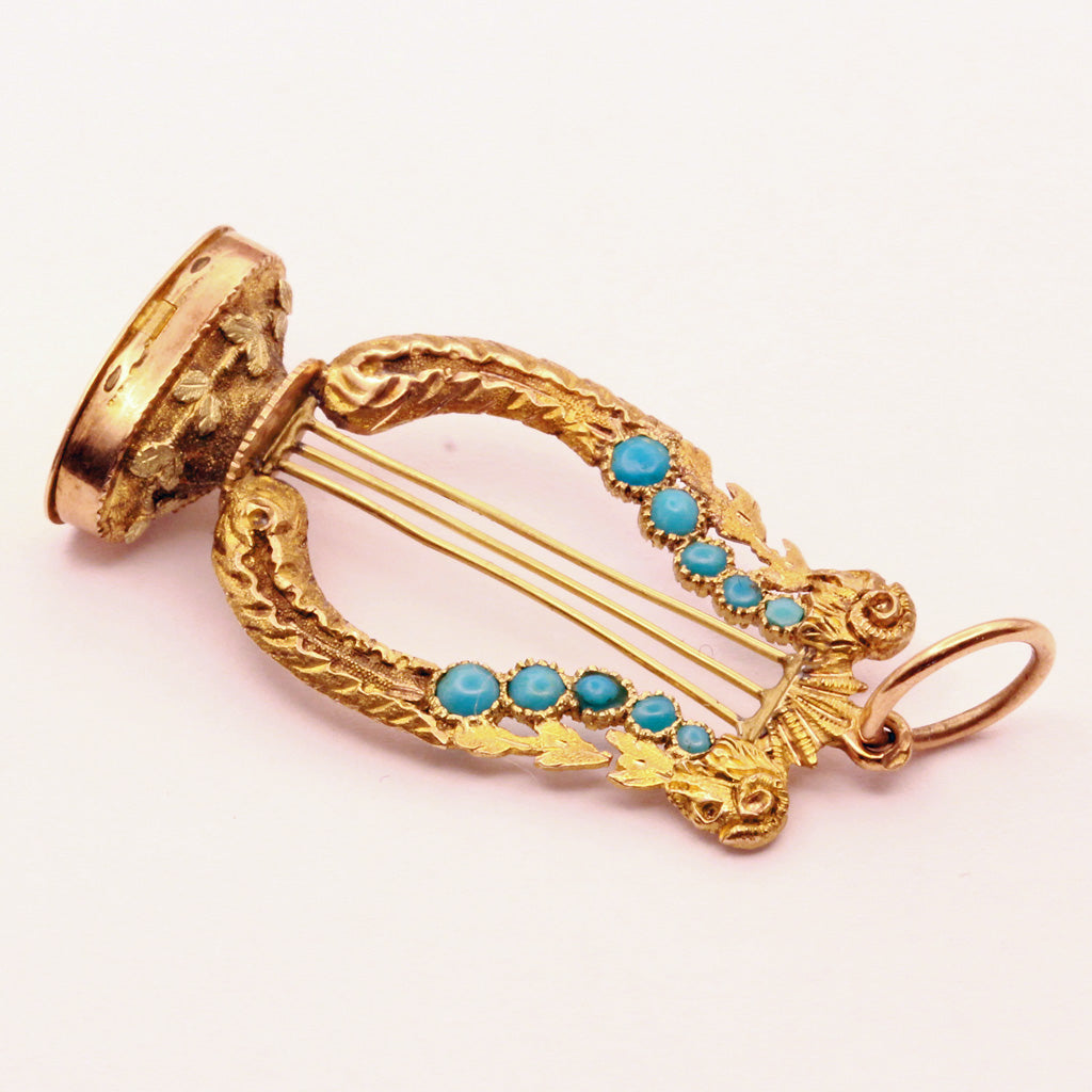 Antique Georgian Fob Pendant w compartment Gold Turquoise Lyre French Rams(7364)