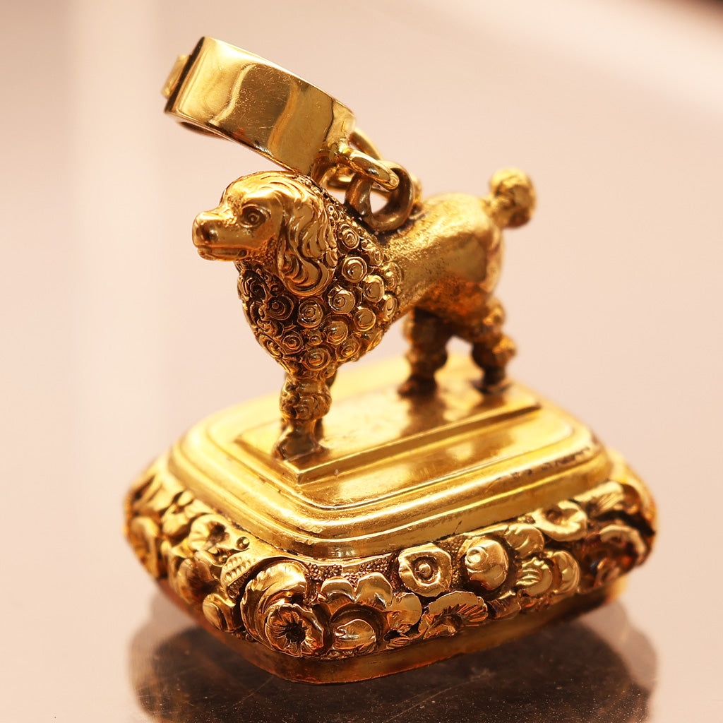 Antique Georgian fob seal poodle dog 18k gold carnelian intaglio repousse (7565)