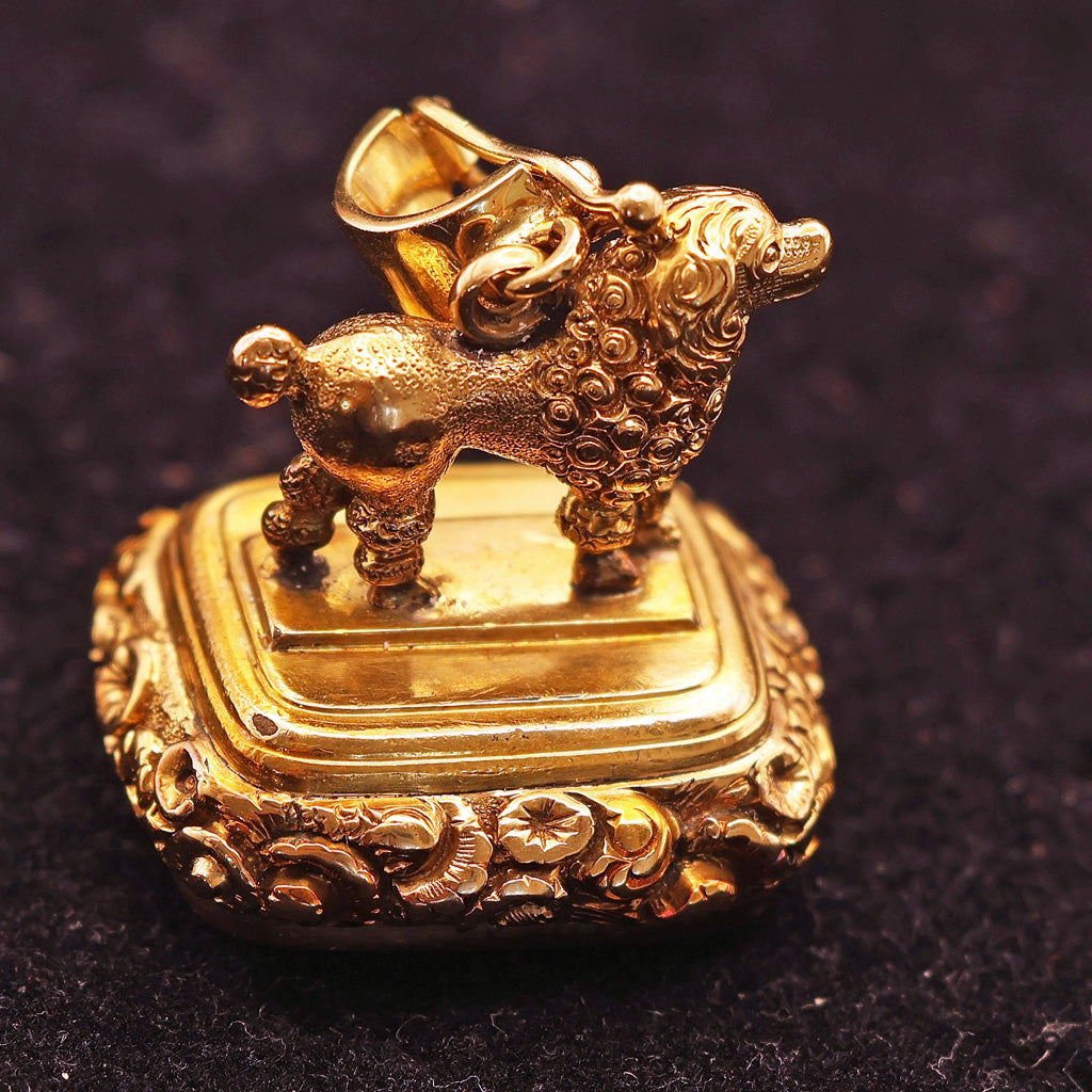 Antique Georgian fob seal poodle dog 18k gold carnelian intaglio repousse (7565)