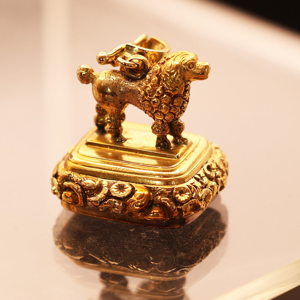 Antique Georgian fob seal poodle dog 18k gold carnelian intaglio repousse white background