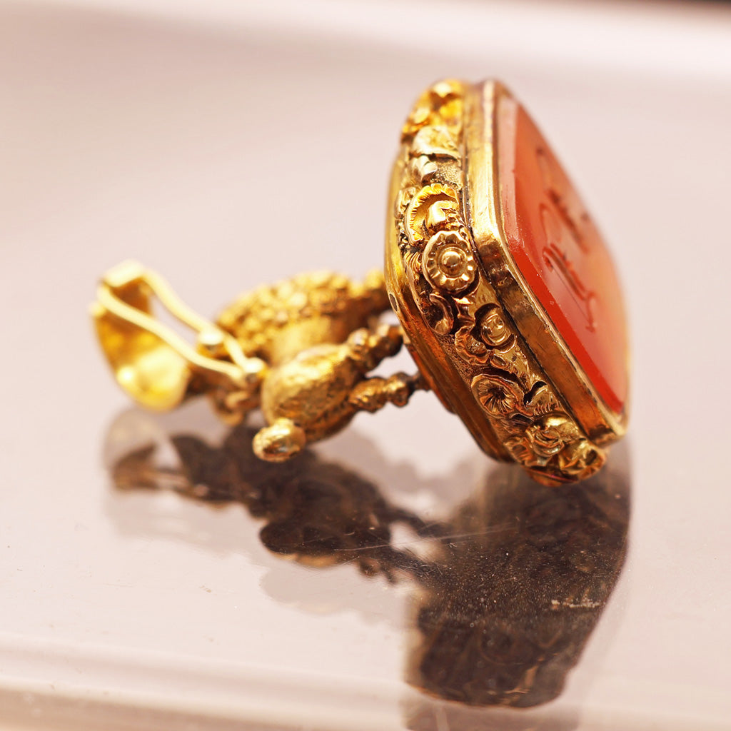 Antique Georgian fob seal poodle dog 18k gold carnelian intaglio repousse (7565)
