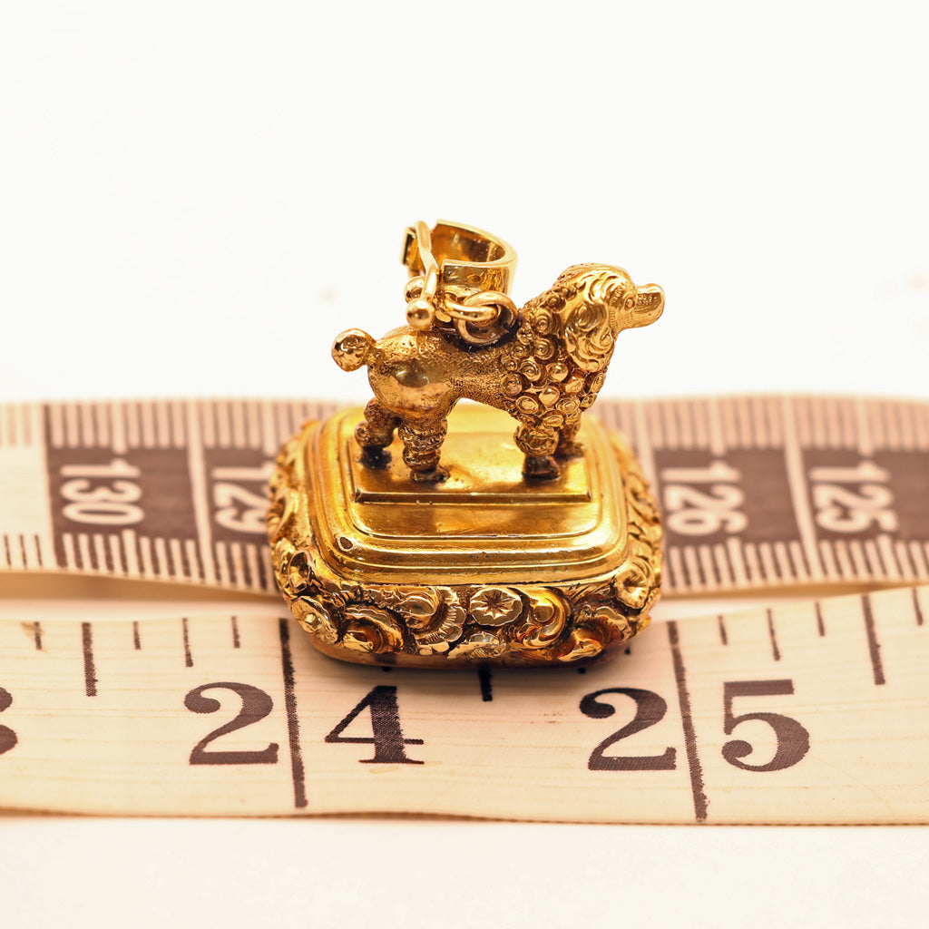 Antique Georgian fob seal poodle dog 18k gold carnelian intaglio repousse (7565)
