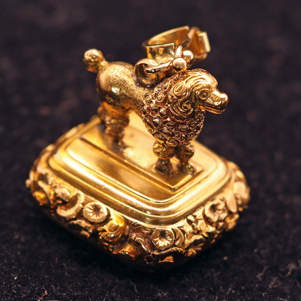 Antique Georgian fob seal poodle dog 18k gold carnelian intaglio repousse (7565)