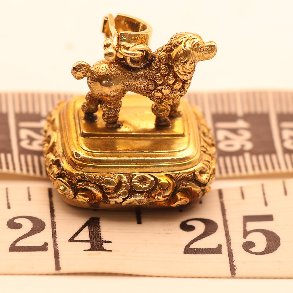Antique Georgian fob seal poodle dog 18k gold carnelian intaglio repousse (7565)