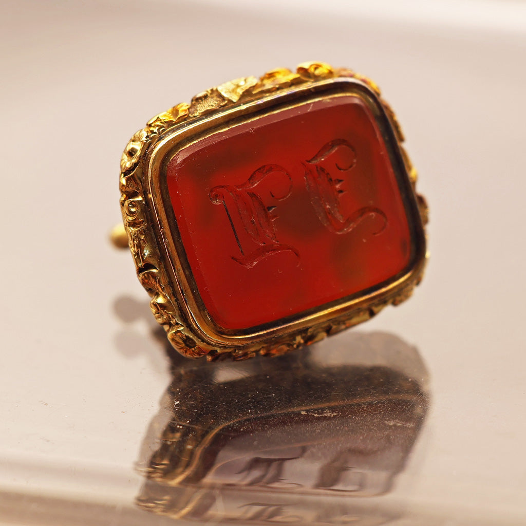 Antique Georgian fob seal poodle dog 18k gold carnelian intaglio repousse (7565)