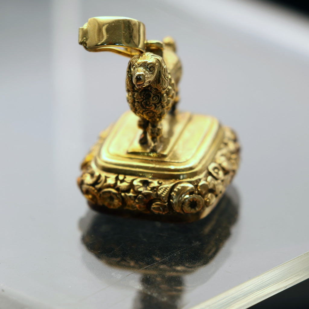 Antique Georgian fob seal poodle dog 18k gold carnelian intaglio repousse (7565)