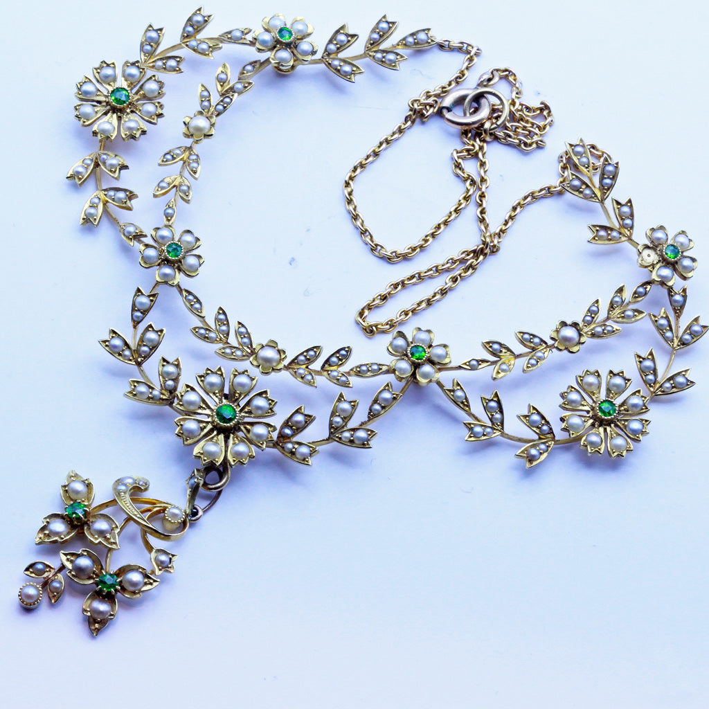 Antique necklace pendant 15ct gold pearls demantoid garnets Bride tiara (7327)