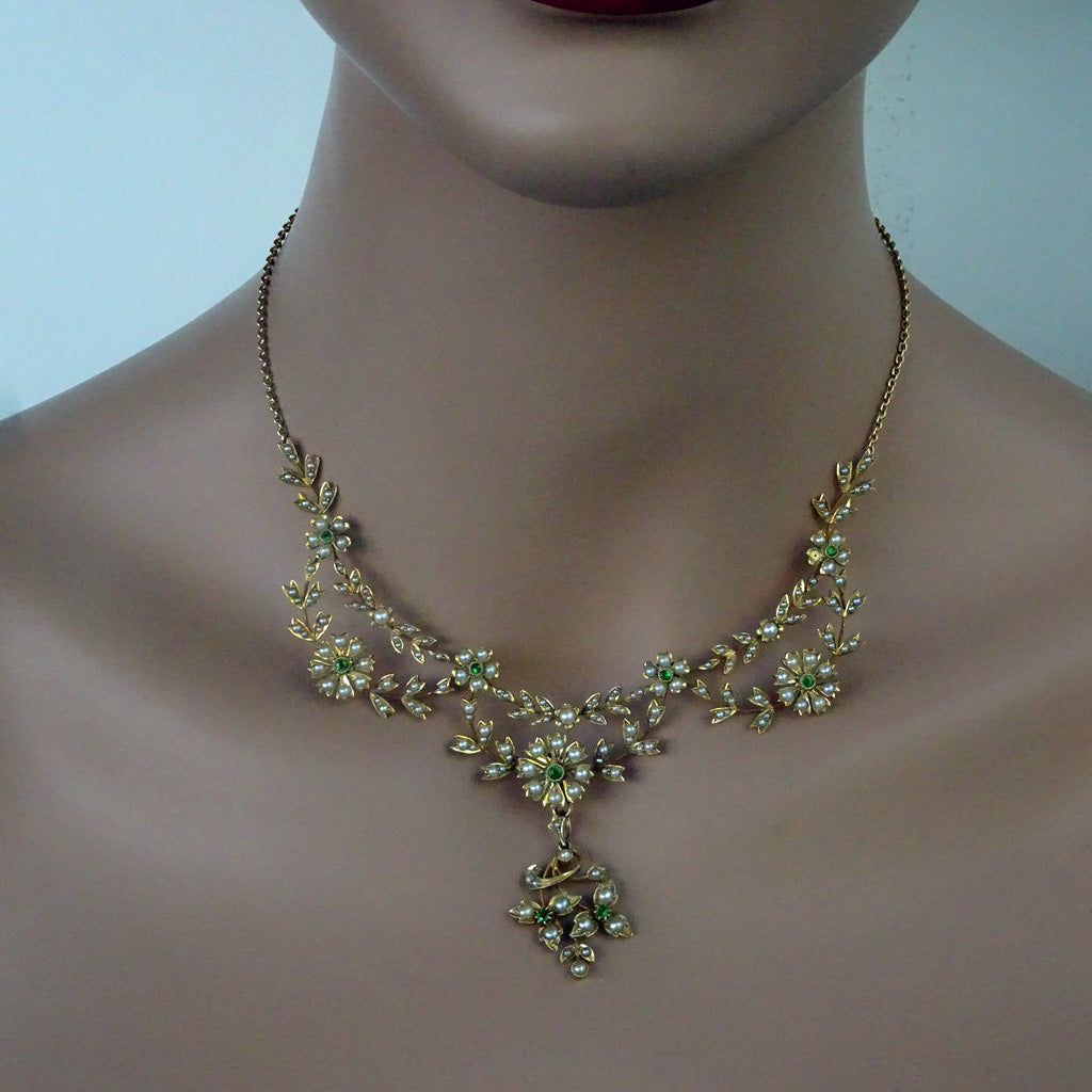 Antique necklace pendant 15ct gold pearls demantoid garnets Bride tiara (7327)