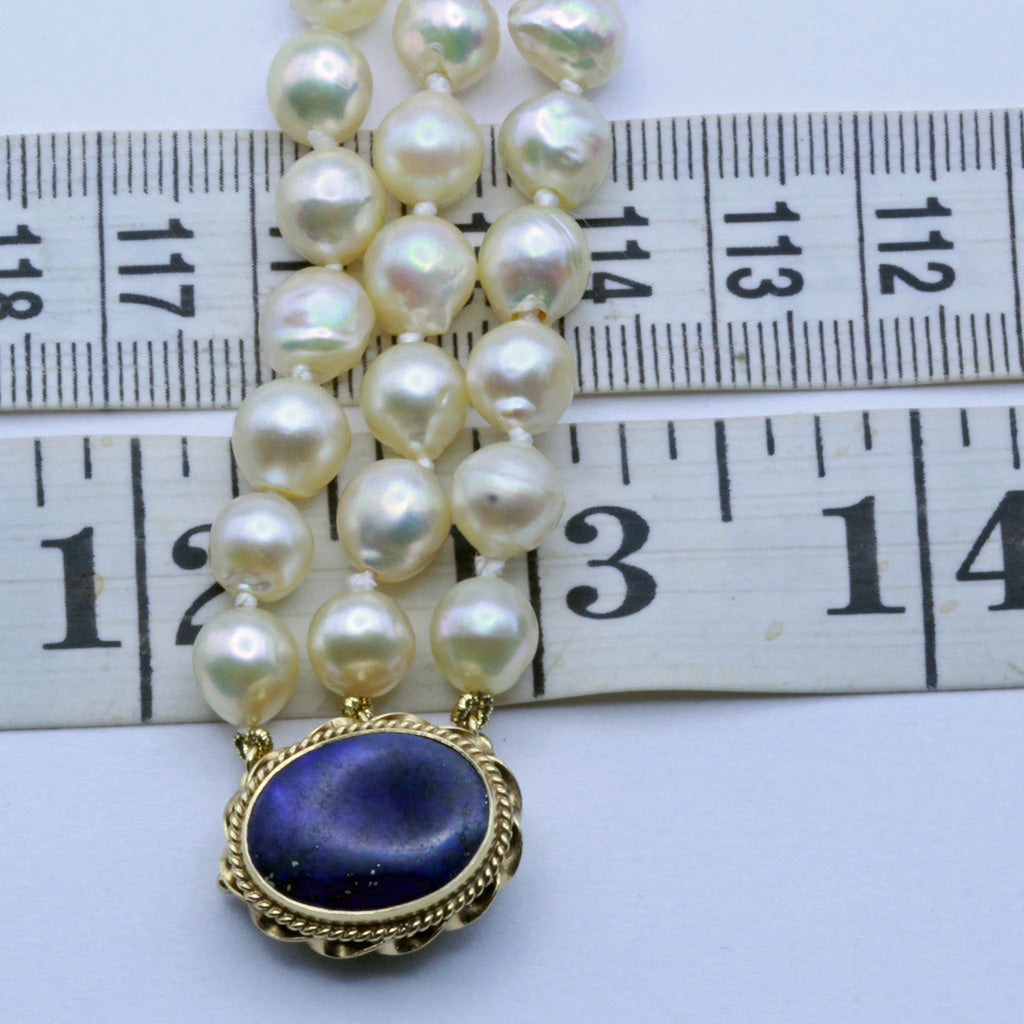 Vintage cultured pearl necklace 14k gold lapis lazuli clasp 3-strands (7380)