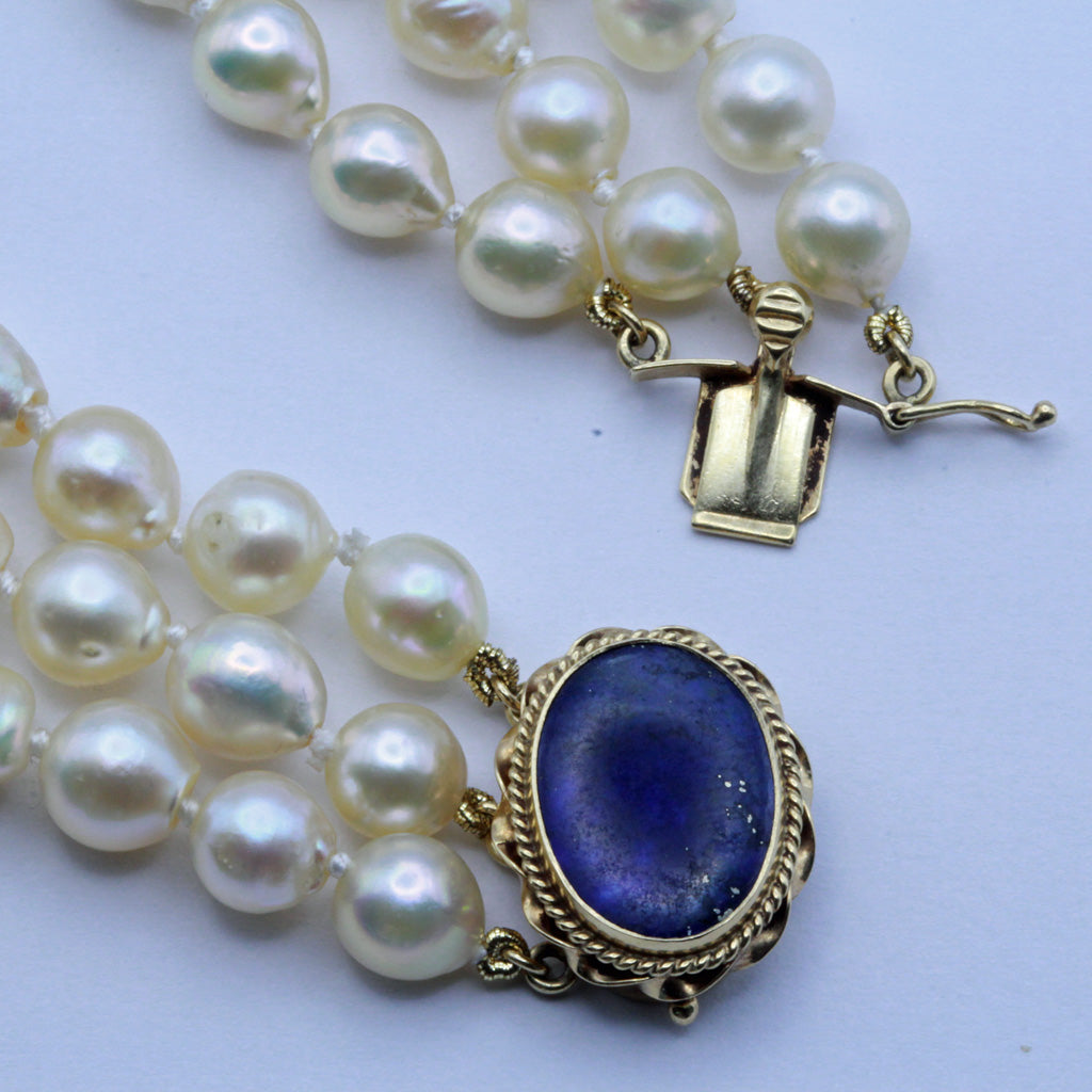 Vintage cultured pearl necklace 14k gold lapis lazuli clasp 3-strands (7380)