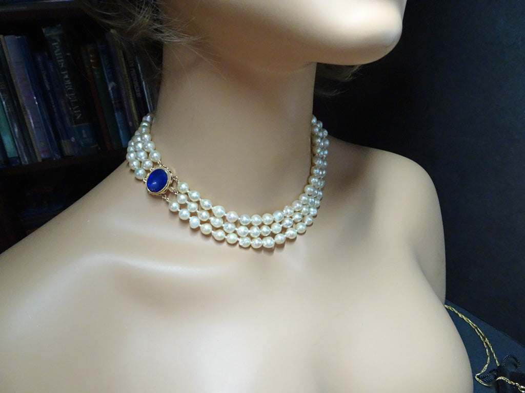 Vintage cultured pearl necklace 14k gold lapis lazuli clasp 3-strands (7380)