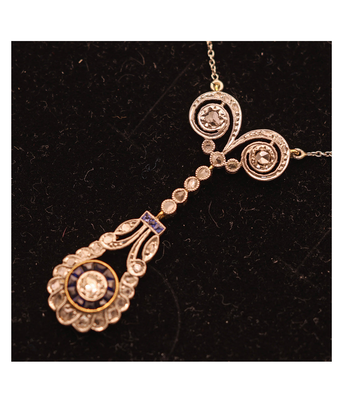 Antique Art Deco necklace pendant gold platinum diamonds sapphires French (7545)