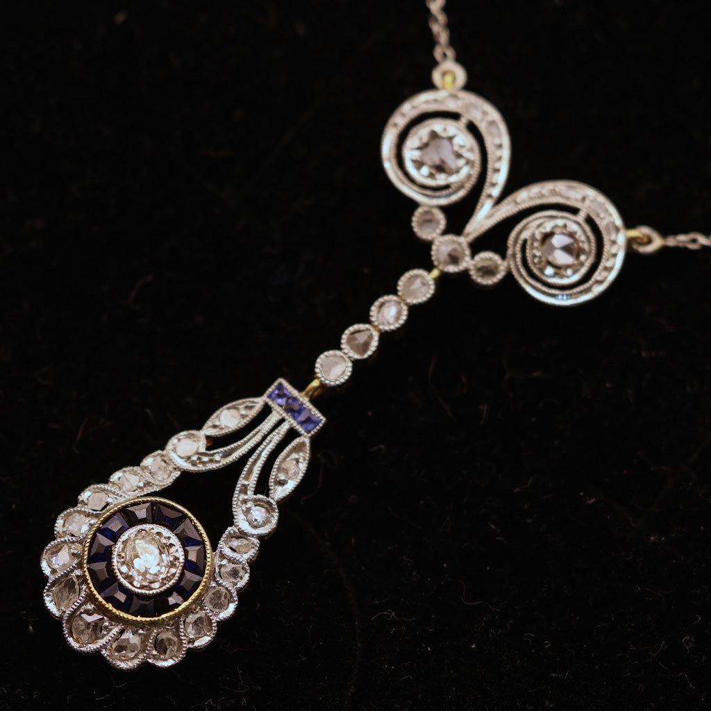 Antique Art Deco necklace pendant gold platinum diamonds sapphires French (7545)