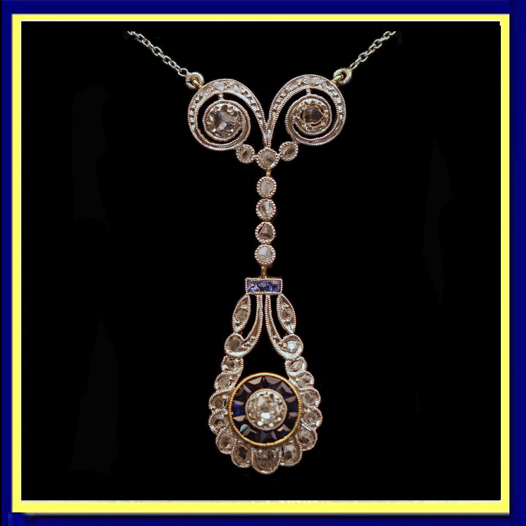 Antique Art Deco necklace pendant gold platinum diamonds sapphires French