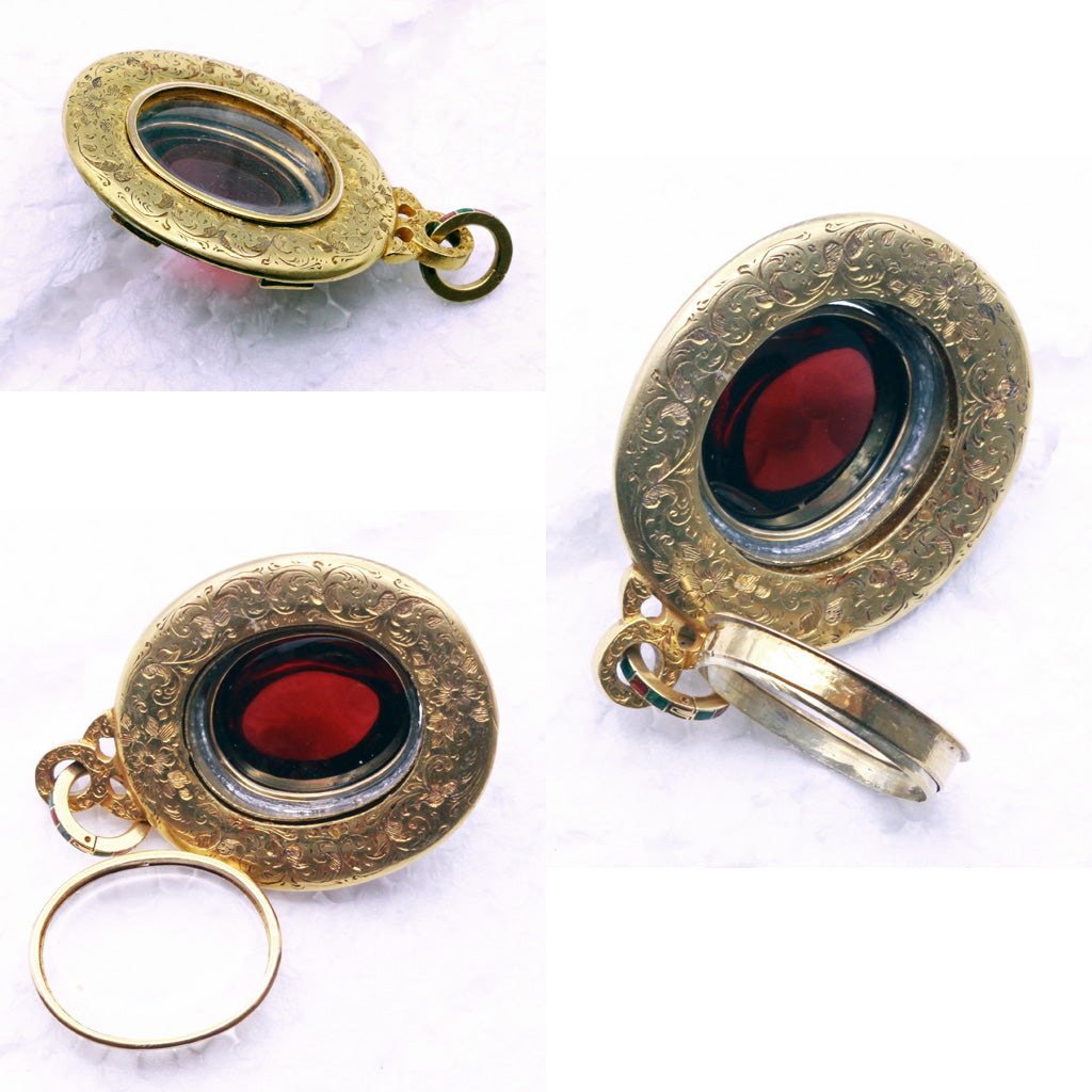 Antique Holbeinesque Locket Pendant 14k Chased Gold Garnet Gem Enamel (6563)