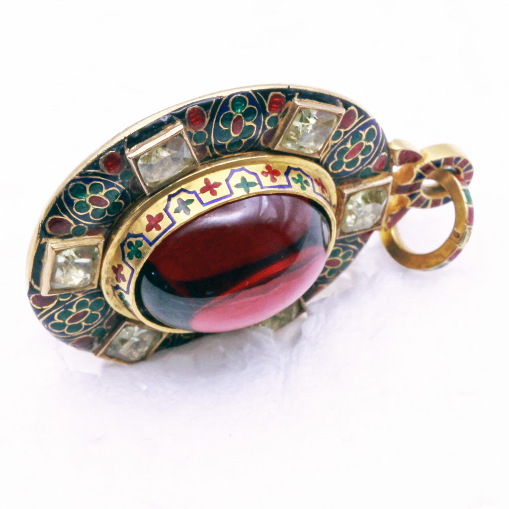 Antique Holbeinesque Locket Pendant 14k Chased Gold Garnet Gem Enamel (6563)