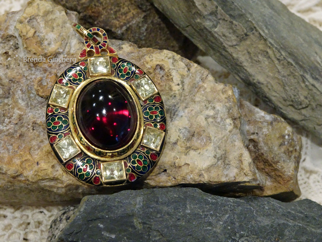 Antique Holbeinesque Locket Pendant 14k Chased Gold Garnet Gem Enamel (6563)