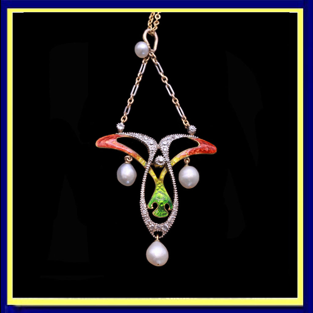 antique art nouveau pendant gold platinum diamonds pearls enamel