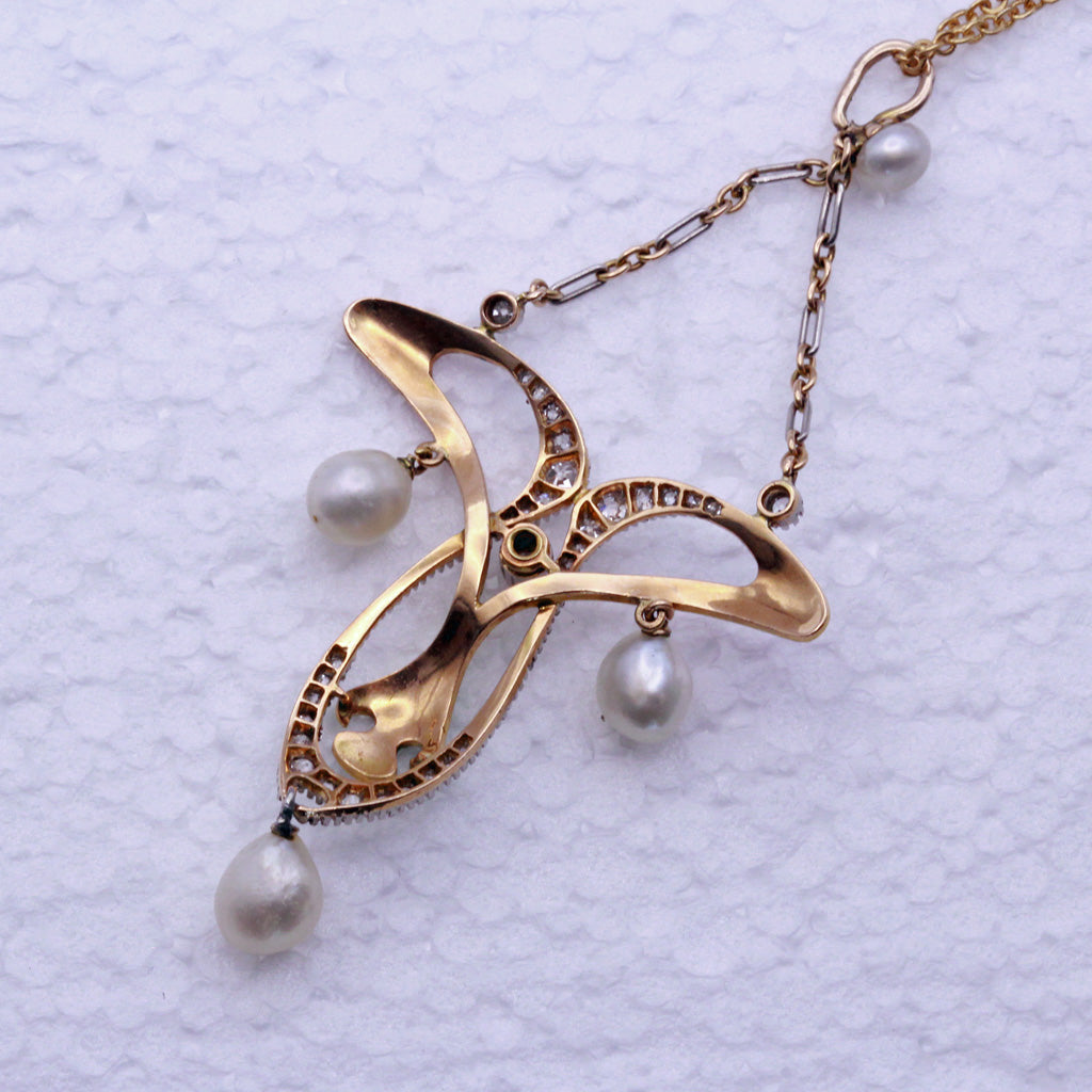 Antique Art Nouveau Pendant Gold Platinum Diamonds Pearls shaded Enamel (7328)