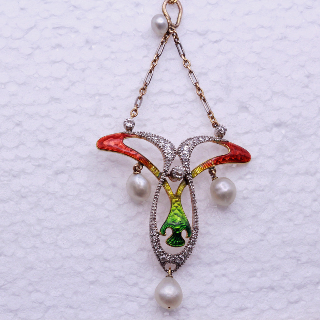 Antique Art Nouveau Pendant Gold Platinum Diamonds Pearls shaded Enamel (7328)