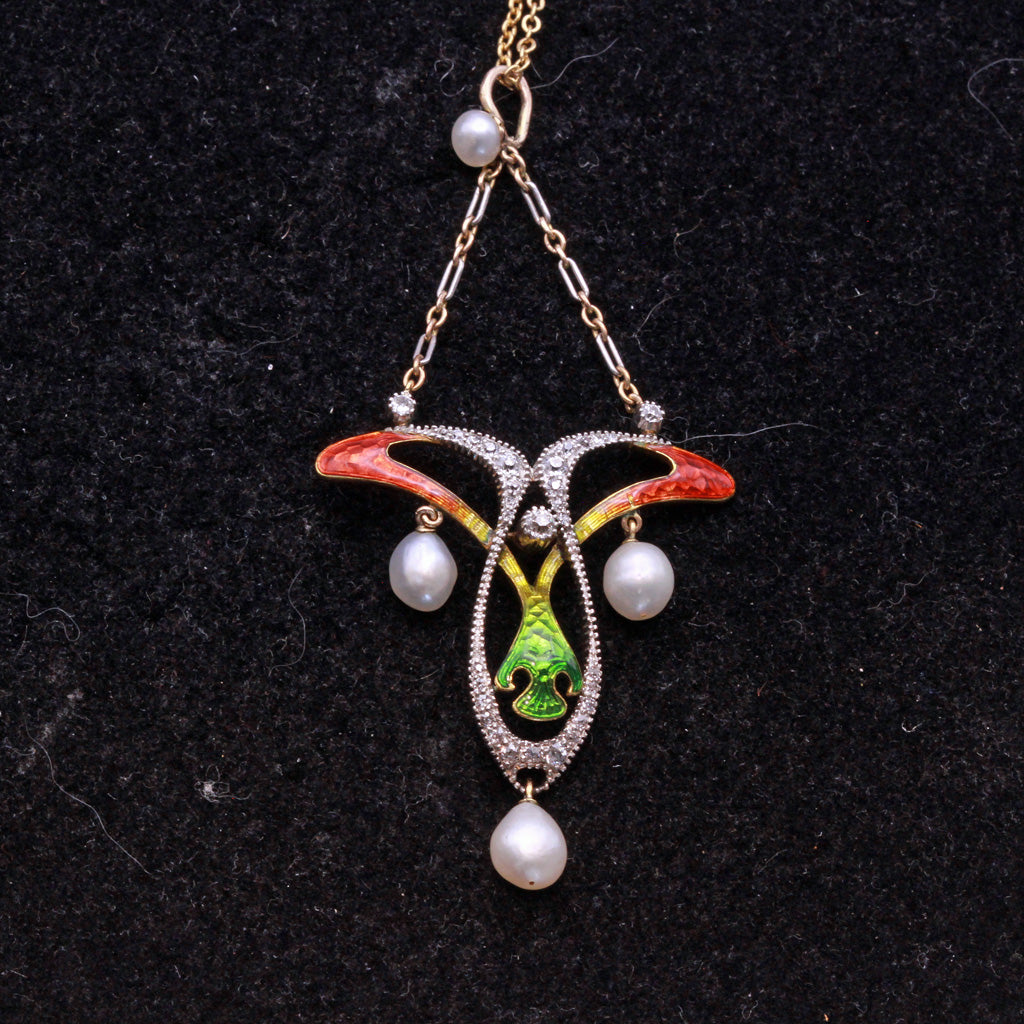 Antique Art Nouveau Pendant Gold Platinum Diamonds Pearls shaded Enamel (7328)