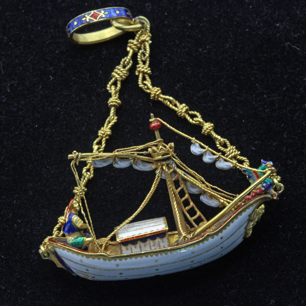 Antique Renaissance pendant Gold Enamel Metropolitan Museum fishing boat (7388)