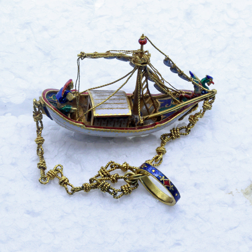 Antique Renaissance pendant Gold Enamel Metropolitan Museum fishing boat (7388)