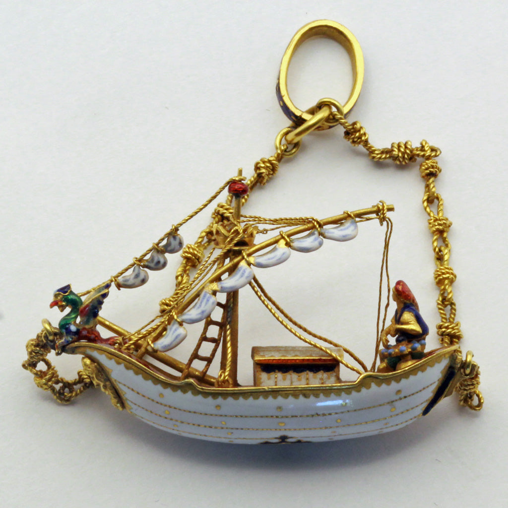 Antique Renaissance pendant Gold Enamel Metropolitan Museum fishing boat (7388)