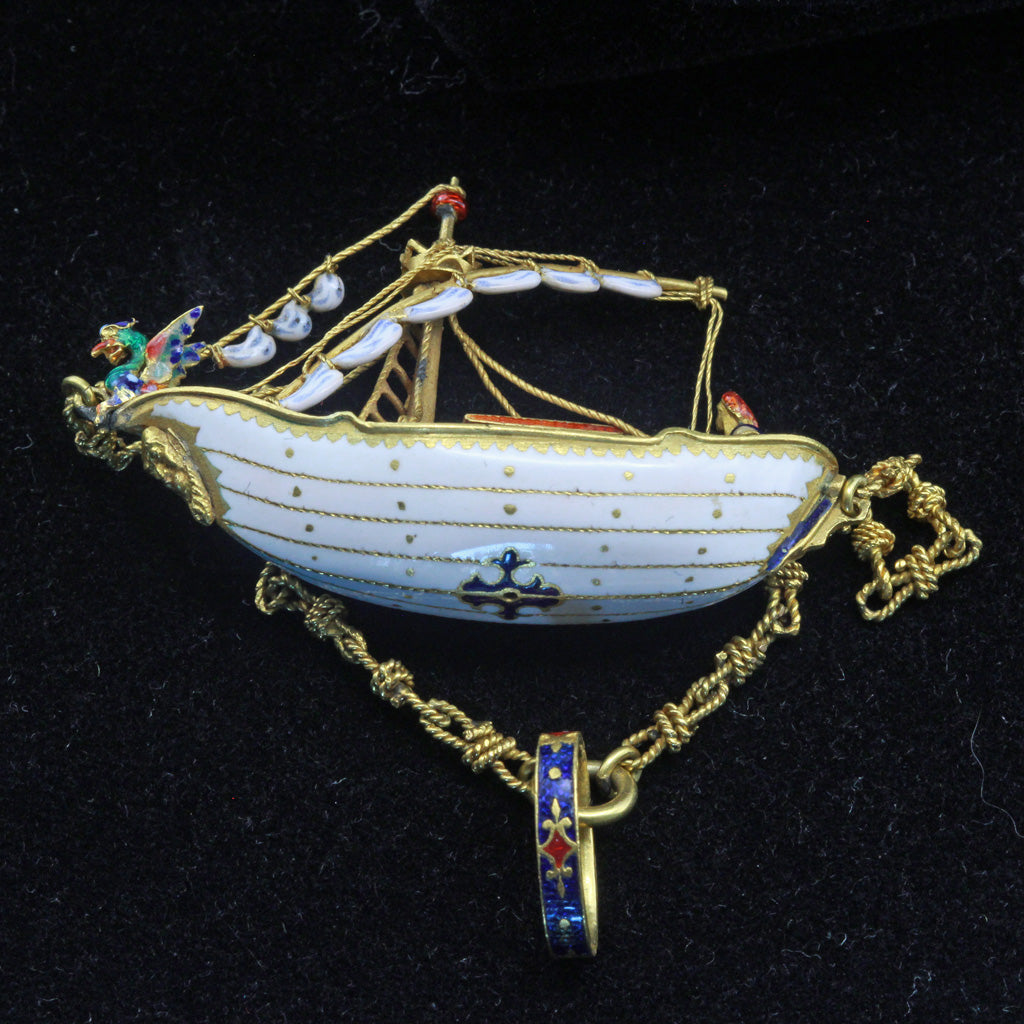 Antique Renaissance pendant Gold Enamel Metropolitan Museum fishing boat (7388)