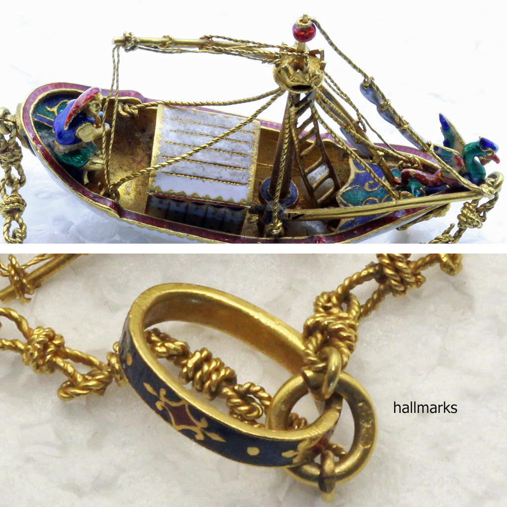 Antique Renaissance pendant Gold Enamel Metropolitan Museum fishing boat (7388)