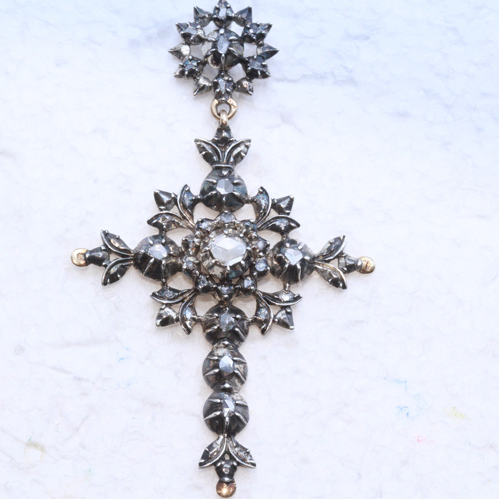 Antique Pendant Cross Gold Silver Diamonds Georgian - Victorian Flemish (7417)