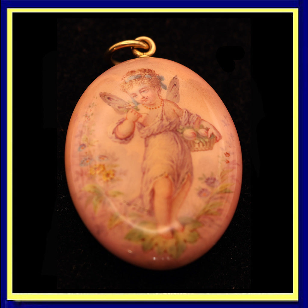 Antique Georgian Victorian pendant locket fairy gold enamel cherub pink (7566)