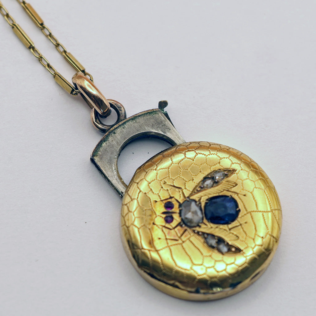 Antique Victorian pendant Cutter case Gold sapphire diamonds Bug Fly chain (7567)
